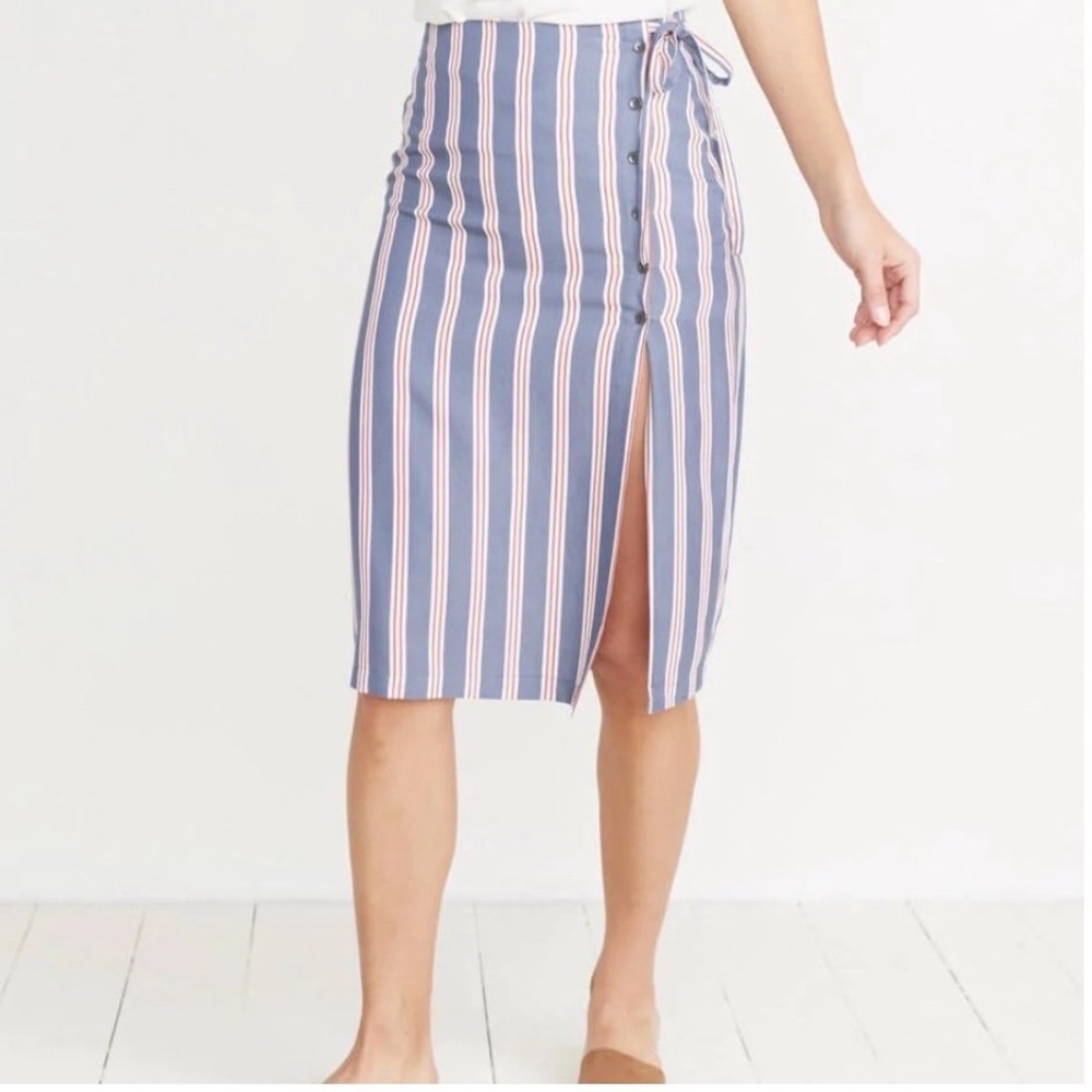 Marine Layer Blue Striped Tencel Midi Wrap Skirt Side Tie Button Front Small